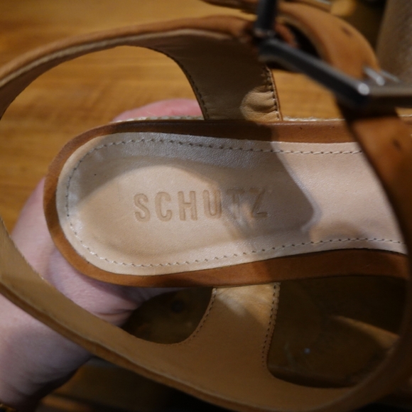 SCHUTZ Cognac Nubuck Platform Sandals with Woven Covered Cut-out Wedge, 6½ - Picture 5 of 7